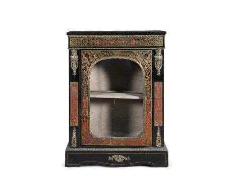 A FRENCH BOULLE SIDE CABINET, mid-19th century, of rectangular from, with ebonised top, above a brass cut frieze decorated wi