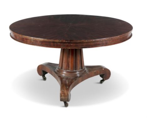 A VICTORIAN MAHOGANY CIRCULAR BREAKFAST TABLE, the top with segmented fan shaped veneers on a fluted tapering centre pillar w