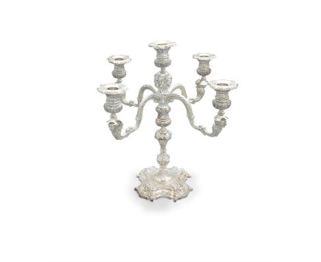 A HEAVY IRISH SILVER FIVE BRANCH CANDELABRA, Dublin c.1960, mark of the Royal Irish Silver Co., in the Neo-Classical taste, e