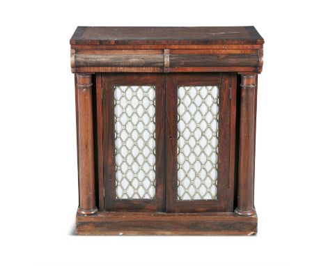 A VICTORIAN MAHOGANY RECTANGULAR SIDE CABINET, the frieze with twin moulded drawers above a twin grill door cupboard flanked 