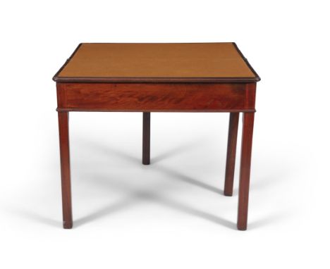 A GEORGE III MAHOGANY TRIPLE TOP COMBINATION TEA/CARD TABLE, of plain rectangular form, enclosing a plain and baize lined int