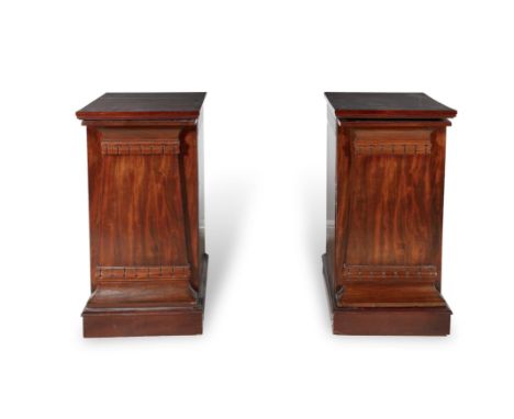  A PAIR OF LATE VICTORIAN MAHOGANY SQUARE DINING ROOM PEDESTALS, each with single cupboard door, covered with tapered plaster