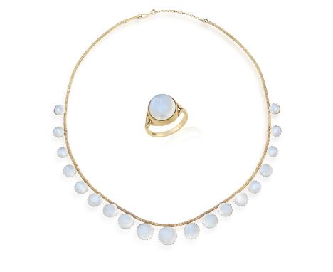 A MOONSTONE NECKLACE TOGETHER WITH A MATCHING RING, composed of graduated round-shaped cabochon moonstones within multiple-cl