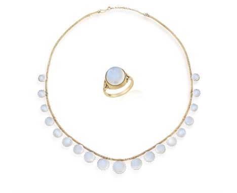 A MOONSTONE NECKLACE TOGETHER WITH A MATCHING RING, composed of graduated round-shaped cabochon moonstones within multiple-cl