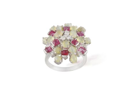 A SPINEL, CAT'S EYE CHRYSOBERYL AND DIAMOND COCKTAIL RING, composed of square-cut pink spinels and greenish-yellow cabochon c