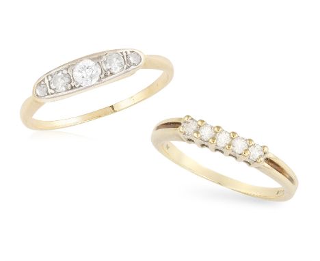 TWO DIAMOND RINGS, the first ring set with a central brilliant-cut diamond between graduated single-cut diamonds, mounted in 