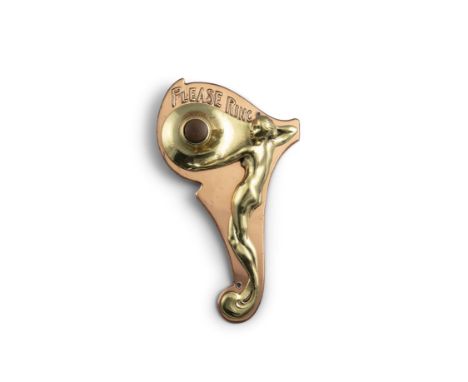 AN ART NOUVEAU COPPER AND BRASS FIGURAL DOOR BELL, decorated with a nude figure, the base inscribed 'Please Ring'. 19.2cm lon