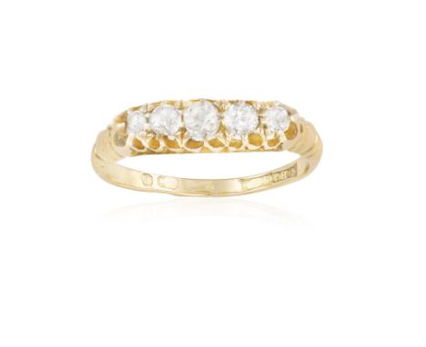 A FIVE-STONE DIAMOND RING, composed of five graduated old-cut diamonds within multiple-claw setting, mounted in gold, maker's