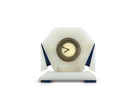 AN ART DECO WHITE MARBLE AND LAPIS-LAZULI CASED SWISS MANTEL CLOCK 13cm high; 13cm wide