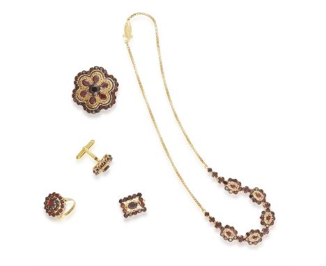 A GARNET SET, comprising of a necklace, a brooch, a pair of cufflkins and a ring, each embellished with circular, oval or pea
