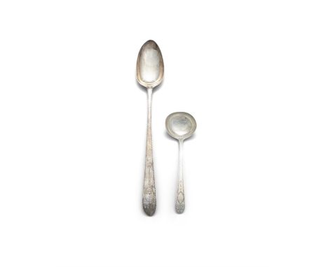AN IRISH GEORGE III BRIGHT-CUT SILVER SERVING SPOON, Dublin c.1786, mark of John Power, the ribbon tied reserve filled with c