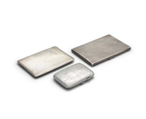 A COLLECTION OF THREE SILVER CIGARETTE CASES, comprising: a large and slender engine turned example with gold plated interior