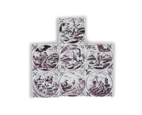 A COLLECTION OF SEVEN 18TH CENTURY MANGANESE DELFT TILES, each square tile with circular vignette containing individual bibli