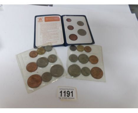 A set of first UK decimal coins and 2 sets of pre decimal coins