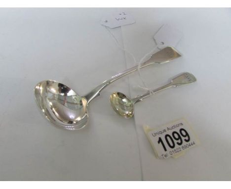 A small ladle, Exeter 1847/48, RW/JW (Robert James and Joshua Williams) 48gms, and a salt spoon, Exeter 1865/66, George Turne