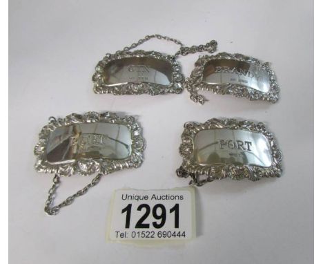 4 Birmingham silver decanter labels, 3 x JR and 1 by R & K, 54 gms