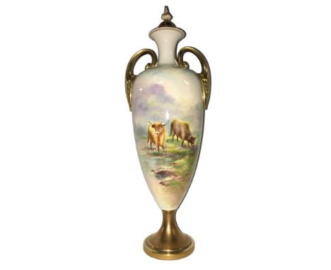 A Royal Worcester highland cattle vase, twin handled urn shape, signed Townsend, circa 1962