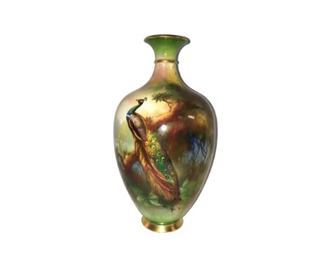 A Royal Worcester peacock vase signed W Powell