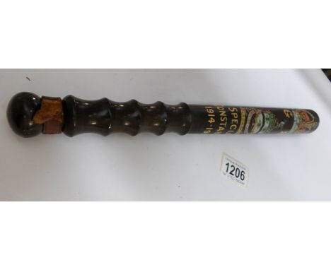 A police truncheon decorated for Blackburn Special Constable featuring town crest and imperial crown