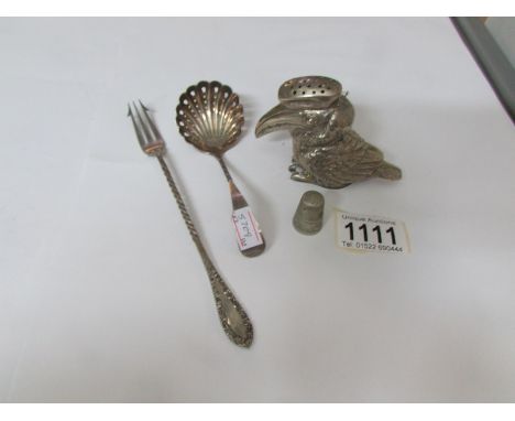 An unusual Victorian silver plated pepperette, a sifter spoon, a pickle fork and a thimble