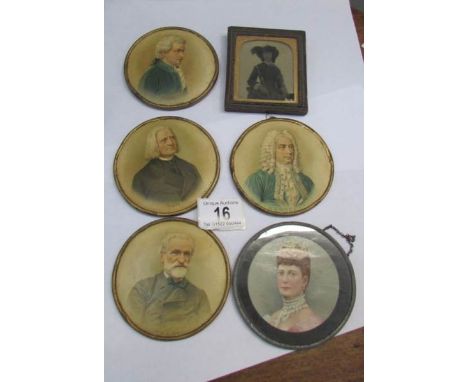 4 miniature portrait prints of composers and 2 others