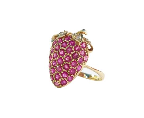 A high carat yellow gold ruby and diamond strawberry ring, size N