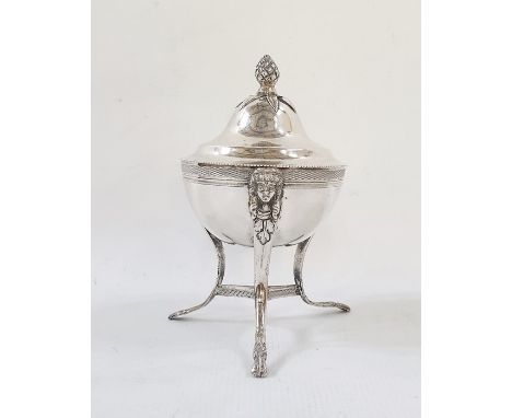 Italian silver sugar vase and cover, the domed cover with pineapple and leaf finial, the circular base on three caryatid scro