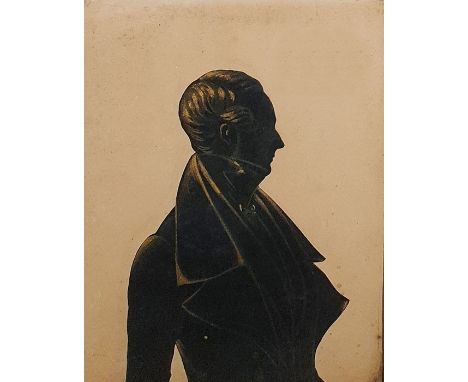 19th century painted black and gilt silhouette, half length portrait of a gentleman 12.5 x 9.5 cms and cut card silhouette of