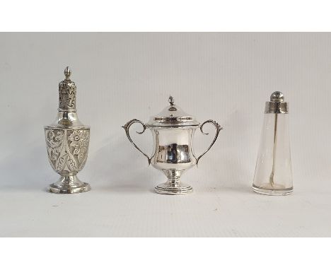 Edwardian silver pepperette, Birmingham 1904, a small silver-covered trophy cup, a glass phial with silver-coloured metal col