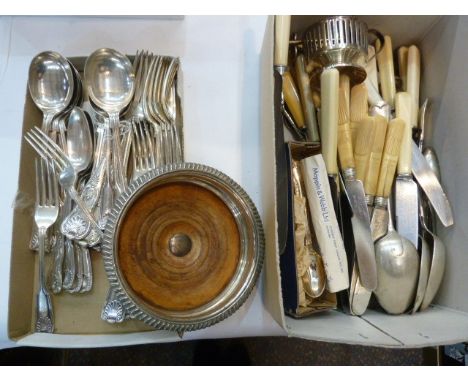 Quantity of electroplated flatware marked 'Mappin & Webb' to include bone-handled knives, knife rests, carving fork, nutcrack