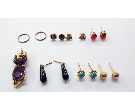 Quantity pairs gold and stone earrings and gold coloured metal amethyst and ruby cat pendant