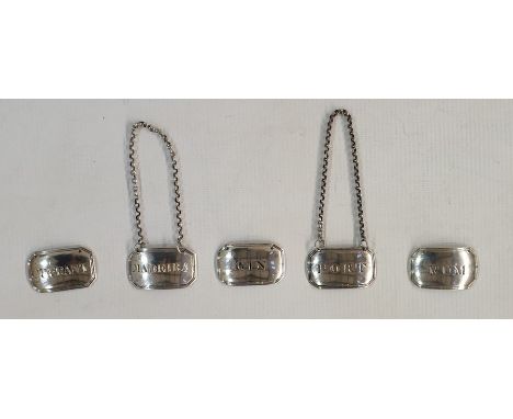 Set of five Georgian silver decanter labels marked 'Port', 'Rum', 'Currant', 'Madeira' and 'Gin', two Birmingham 1818 by J W,