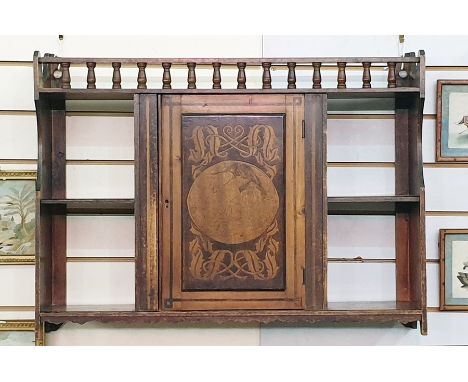 19th century pine and pokerwork wall-hanging shelf unit with single central drawer with pokerwork decoration, flanked by two 