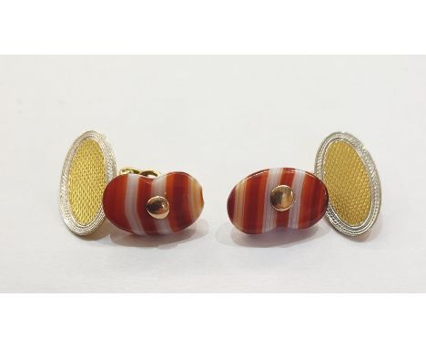 Pair 18ct gold, platinum and banded agate cufflinks, each set single oval banded agate stone, partly engine turnedCondition R