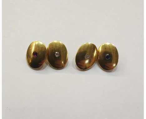 Pair 18ct gold, ruby and diamond double oval and chain cufflinks, each set single facet cut ruby and single tiny diamond, app