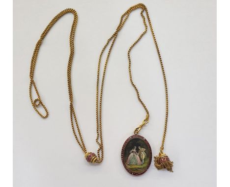 Antique gold-plated, ruby and miniature on ivory pendant, oval, painted with mid eighteenth century French couple in garden, 