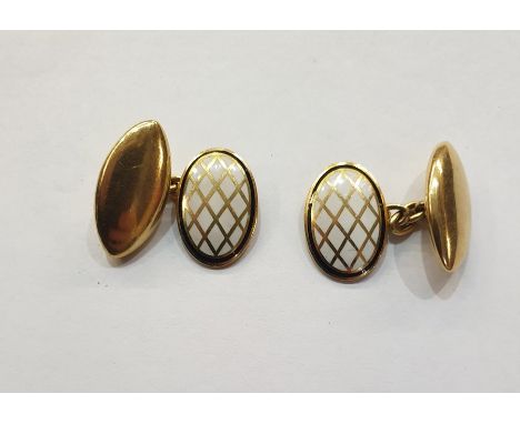 Pair 18ct gold and white enamel oval and marquise shaped cufflinks, each oval having latticework of white enamel within a bla