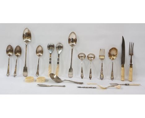 Assorted silver-plate and other flatware including salad servers, basting spoon, carving set, toasting fork, etc (1 box) 