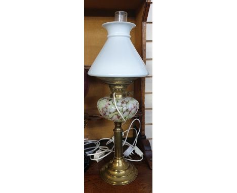 19th century oil lamp converted to electricity, with a mottled glass bowl and opaque conical shade, on a brass column and ste