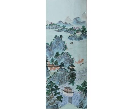Chinese tile painting Pagodas in lakeside landscape, 60cm x 23cm (damaged - in two pieces)Condition ReportCrack across centre