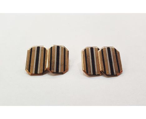 Pair 9ct gold and blue and white striped enamel double rectangle cufflinks, approx. 7g gross