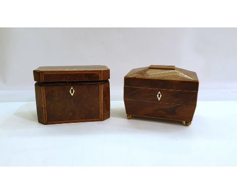 Georgian bird's eye wood cross-banded tea caddy with interior lids, 14.75cm high and a 19th century sarcophagus-shaped tea ca