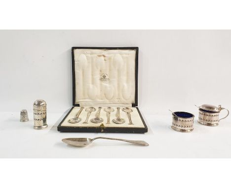 Cased set of six silver teaspoons, Sheffield Mappin & Webb, a Georgian silver Old English pattern teaspoon and a silver condi