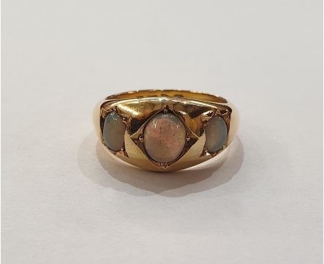 Edwardian 18ct gold and opal ring&nbsp;set three oval opals, Chester 1906, in cream bakelite Clement White, Yeovil and Bridgw