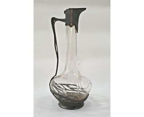 Orivit Friedrich Adler Art Nouveau pewter and glass decanter, marked to base, 22cm high (handle delicate) 