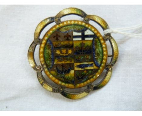 Early 20th century guilloche enamel brooch by Richard Hemsley, Montreal, Canada 1909, circular with armorial bearings 