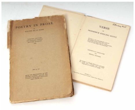 FREDERICK KEELING SCOTT: VERSE, Brighton, J Beal & Son circa 1946, signed, old cloth backed boards plus WALTER DE LA MARE: PO