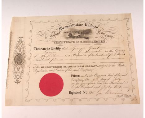 MONMOUTHSHIRE RAILWAY & CANAL COMPANY SHARE CERTIFICATE for 25 shares, to George Grout of Norwich dated 1852, 195 x 260mm, Ge