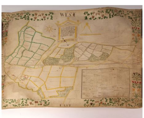 HAND COLOURED MANUSCRIPT PLAN on vellum dated 1687 of an estate in the village of Trotton, Sussex, with manuscript pen and in