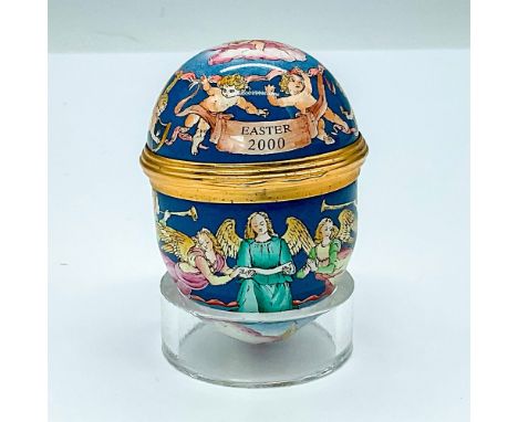 The piece features a serene blue background adorned with graceful angels and cherubs in the foreground, accented by a golden 